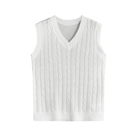 OYOANGLE Men's Cable Knit V Neck Sleeveless Sweater Vests Solid Casual Tank Tops Knitwear White Large