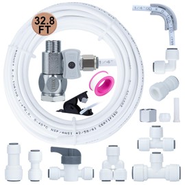 Refrigerator Water Line Kit Connection and 1/4 Compression Ice Maker Installation Kit,1/4" OD Tubing with Quick Connect for Fridge IceMaker RO Systems Water Filter Faucet,+Feed Water Adapetr 32.8ft