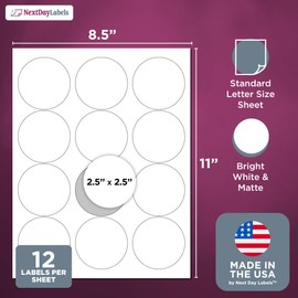 NextDayLabels - Laser/Ink Jet White Labels (2-1/2" Round - 12 Per Page | 600 Labels)