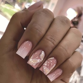 Short Press on Nails White Gradient Gold Butterfly Design Fake Nails Summer Fashion Wave Woints Designs Acrylic Nails Glossy Pink White Gradient Butterfly False Nails Glue on Nails for Women