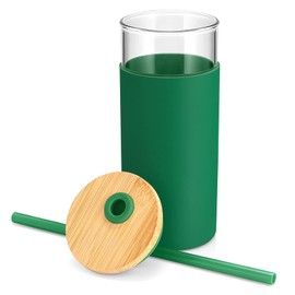 Tronco 20 oz Glass Tumbler Glass Water Bottle Straw Silicone Protective Sleeve Bamboo Lid - BPA Free (Blackish Green/ 1pack)
