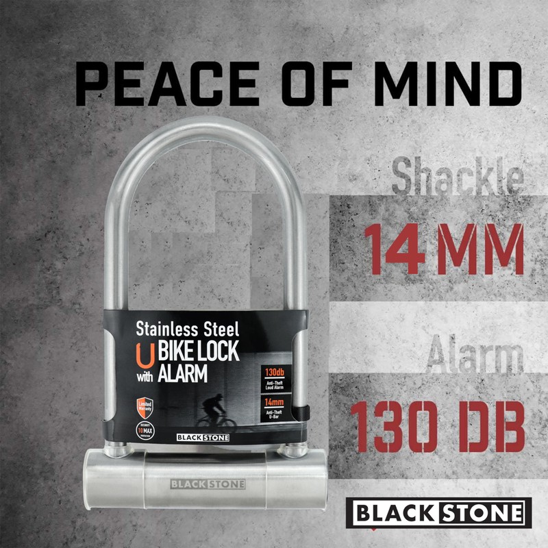 Black Stone Stainless Steel U Bike Lock-130dB Alarm System, 14mm