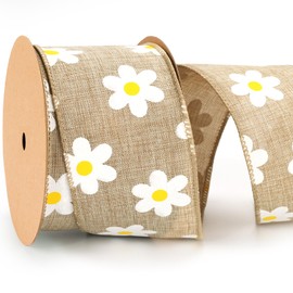 LaRibbons Daisy Wired Edge Ribbon 2.5 Inch x 12 Yards, Khaki Floral Spring Summer Ribbon for Crafts Wrapping Wreath Bow DIY Decorative