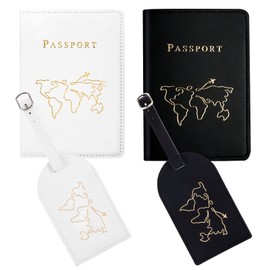 Passport Cover and Luggage Tag Set, PU Leather Suitcase Tag with Address Label for Luggage, Suitcase, Bag, Passport Holder for Couples, Honeymoon Gift (Black + White), Black + white