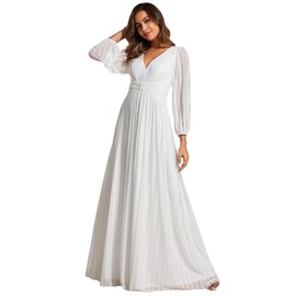 Ever-Pretty Women's Glitter A Line V Neck Pleated Long Sleeve Evening Dress White 18UK