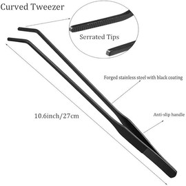 2PCS Aquarium Tweezers Stainless Steel Straight and Curved Tweezers Set Long Handle Reptile Feeding Tongs for Aquatic Plants Lizards Spider Snakes Garden Repairing - 10.6inch, Black