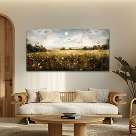 Wapluam Large Canvas Wall Art Living Room Wall Decor for Bedroom Wildflower Field Vintage Wall Art Canvas Prints Paintings Farmhouse Artworks Pictures Modern Aesthetic Home Decoration Ready To Hang