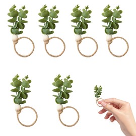 Rustic Napkin Rings Set of 6, Wood Bead Napkin Holders for Wedding Party, Farmhouse Style Table Decorations, Boho Eucalyptus Leaf Design, Ideal for Rustic Wedding & Holiday Table Decor