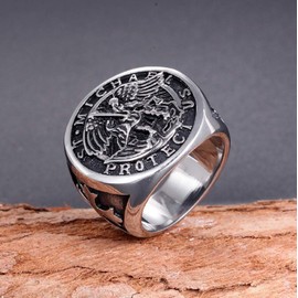 PikaLF St Michael Ring for Men, Vintage Cross Ring, Saint Michael the Archangel Defeats Satan Figure Amulet Ring, Religious Ring, Punk Christian Faith Jewellery Gift for Men Boys, NO