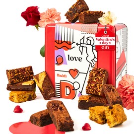 David’s Cookies Assorted Brownies In Love Tin Gift Basket 20pcs - Delicious, Fresh Baked Brownie Snacks - Gourmet Pure Chocolate Fudge Brownie Slices – Thoughtful Food Gift for Her Him Kids