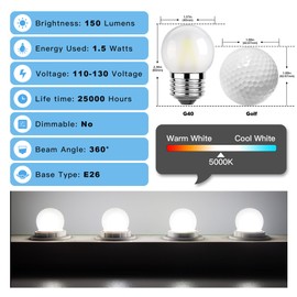 Sphoon G40 Low Wattage Led Bulb 1.5W Small Globe Edison Light Bulbs,Daylight White 5000K for Outdoor String Fridge Freezer,E26 Base Frosted Glass,15 Watt Equivalent,CRI 90+, Pack of 4