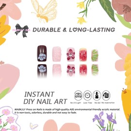 Press on Nails Medium Square MABKJLF 3D Floral Fake Nails False Nails with Water Drop Flower Rhinestones Designs Full Cover Glossy Glue on Nail Acrylic Nail for Women Girls 24Pcs