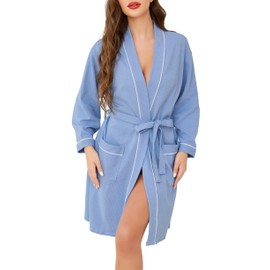 Vlazom Women Dressing Gown, Lightweight Waffle Robe Soft Cotton Bathrobes Mid-Length Robes with Pockets for All Seasons Spa Hotel Sleepwear Light Blue,L