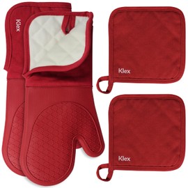 Klex Extra Long Silicone Oven Mitts and Pot Holders, 932°F Degrees Heat Resistance with Quilted Liner Oven Gloves and Hot Pads, 4 Piece Set, 15 inch, Red