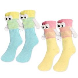Habbiful 2 Pairs Holding Hands Socks Magnetic Suction 3D Doll Couple Sock for Unisex Adults Funny Socks Gifts for Wedding Anniversary Day Lovers Coworkers Buddies,Yellow Blue