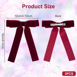 HINZIC 3Pcs 4.72inch Velvet Hair Bows Burgundy Ribbons Elastic Velvet Scrunchies Ponytail Holder Valentines Wedding Prom Birthday Accessories for Women Teen Girls Thin Hair