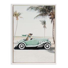 Kate and Laurel Sylvie Beaded Leopard in Car Beach Palms Vintage Framed Canvas Wall Art by July Art Prints, 18x24 White, Beach Animal Art for Wall