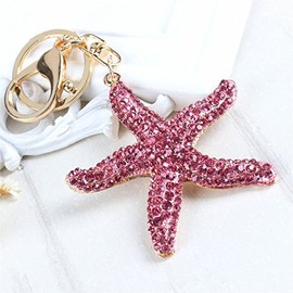 Reizteko Pretty Sparkling Pink Starfish Keychain Keyring Crystal Rhinestones Purse Pendant Handbag Charm