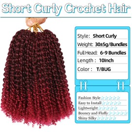 8 Inch Short Passion Twist Hair 6 Bundles Marlybob Crochet Hair Kinky Curly Crochet Hair for Black Women Water Wave Crochet Braids Hair for Butterfly Locs (1B/Burgundy, 8Bundles10 Inch)