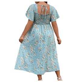Floerns Women's Plus Size Floral Square Neck Flounce Short Sleeve A Line Maxi Dress Light Blue 1XL
