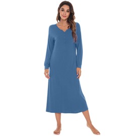 WiWi Nightgowns for Women Soft Sleepwear Long Sleeve Nightshirts Pajamas Gown Viscose from Bamboo Pjs S-XXL, Prussian Blue, Medium