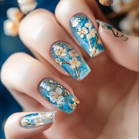 Flower Press on Nails Medium Ballet Shaped Blue Smudge Artificial Stick on Nail Floral Pattern Design Full Cover False Nail Glossy Artificial Press Ons Fingernails 24Pcs Gel Glue on Nails for Women