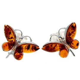 Genuine Cognac Baltic Amber and 925 Sterling Silver Studs Butterfly Style Earrings - 8494C