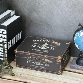 Treasure Box Vintage Wooden + PU Leather Decorative Trinket Jewelry Box Memento Case Box Keepsake Box Gifts For Kids Girls Women Gifts Home Decor (Pacific Soul 1895)