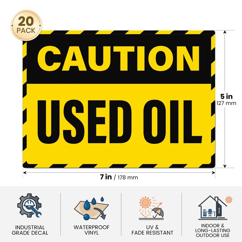 Anobell Caution Used Oil Labels - 20 Pack 7"x5" Adhesive