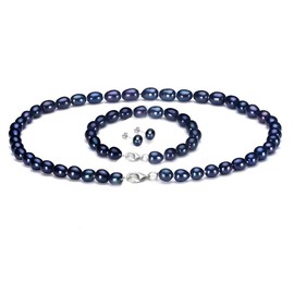 Treasure Bay FAB Elegant 7-8mm Rice Shape Freshwater Pearl Necklace Bracelet and Earring Jewellery Set for women and Girls (Black)