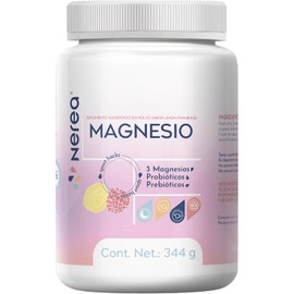 NEREA Magnesio - 3 magnesios: citrato, carbonato y bisglicinato de magnesio + probióticos y prebióticos - 5 en 1, alta absorción, 86 porciones (3 meses), sabor frambuesa-limón, sin rellenos.