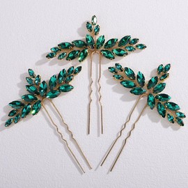 Missgrace Women Silver Red Green Simple Rhinestones Hair Pins Headpiece Bride Wedding Prom Party Hair Accessories for Women Set of 3 (Peacock Green)