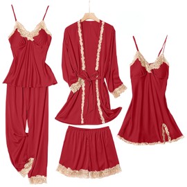 SAPJON Womens Pajama Sets 5PCS Silk Pajamas for women Cute Sleepwear Loungewear Satin Pajamas Sets for Women Soft Wine Red