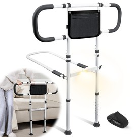 AMOVO Bed Rails for Elderly Adults Safety Bed Guard Rails for Seniors Extended Handle Bed Assist Rail with Sensor Light Storage Pouch, Stable Bedside Cane Support Bar Grab, Fit King Queen Full Twin