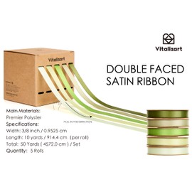 Vitalizart Green Series Fabric Ribbon for Crafts 3/8'' x 50Yd (5 Rolls x 10Yd), Double Sided Satin Ribbons Green for Gift Wrapping, Bows Making, Bridal Bouquet, Party Decorations