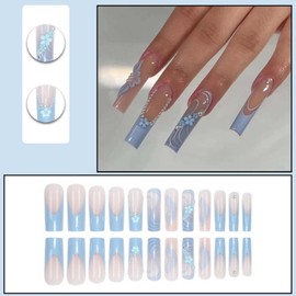 Gifiky Luxury 3D Daisy Pearls Press on Nails Gradient Fake Nails French Nails Tips Full Cover Long Square False Nails for Women and Girls 24Pcs, Nude