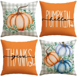 Artscope Fall Decorative Throw Pillow Covers 18x18 Inch Set of 4, Hello Pumpkin Give Thanks Buffalo Plaid Outdoor Farmhouse Pillow Cases for Home Sofa Couch-Orange