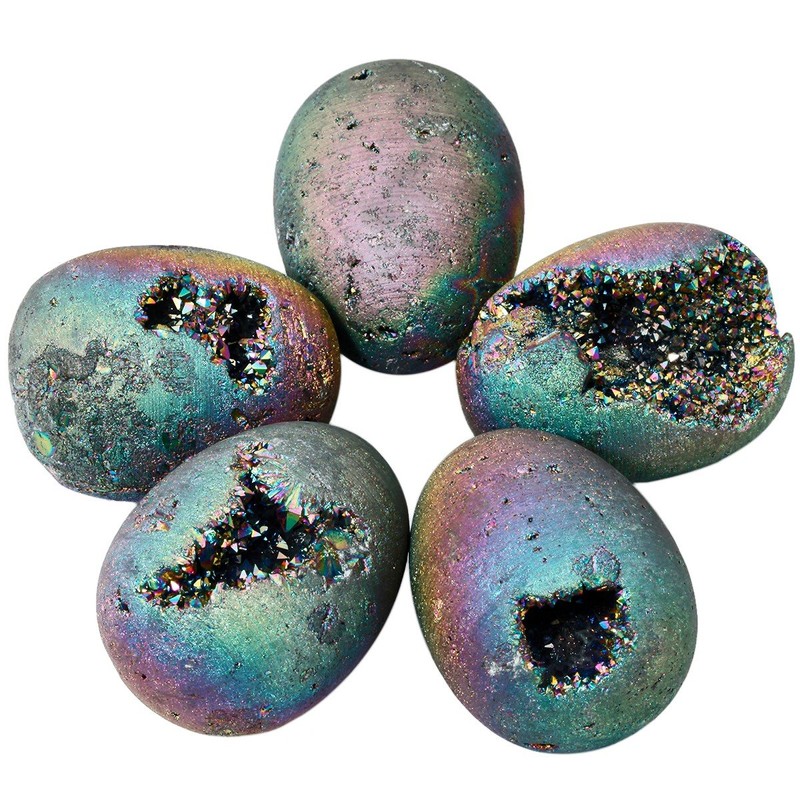 mookaitedecor Druzy Agate Geode Specimen, Rainbow Titanium Coated Quartz Crystal