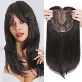 S-noilite 14-Inch Fringe Bang Long Straight Hair Topper with Clip for Women with Thinning Hair, Synthetic, Natural Black