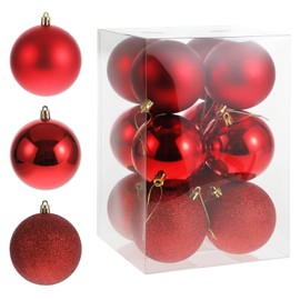 HUMDMTHUT Red 3.2" Christmas Ball Ornaments，Pre-Strung Christmas Tree Decorations，Holiday Hanging Balls-3 Style Shatterproof Plastic Christmas Ornaments Set of 12pcs (Red, Large)