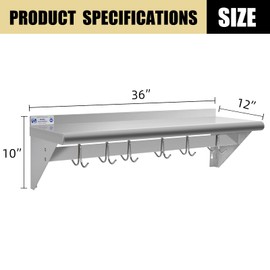HALLY Stainless Steel Shelf with 6 Hooks 12" x 36" Wall Mounted Pot Rack, NSF Commercial Floating Shelving for Storage Hanging Pots, Pans, cookware in Restaurant, Kitchen, Home and Hotel