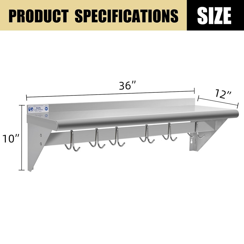 HALLY Stainless Steel Shelf with 6 Hooks 12" x 36"