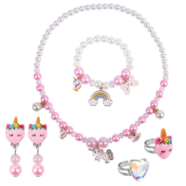 Medo 6 Pcs Unicorn Necklace Bracelet Set, Rainbow Beaded Bracelets Unicorn Necklace Earring Ring Set Girls Jewellery Sets for Kids Party Favors