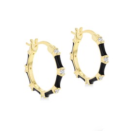 Tuscany Silver Women's Sterling Silver Yellow Gold Plated 2 mm Round White CZs 20 mm Enamel Hoop Hoop Earrings, Silver