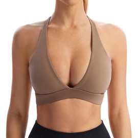INIBUD Sports Bra for Women Push Up Strappy Workout Top Padded Deep V-Neck Triangle Bralettes with Support Gym Brown Medium