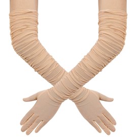 Hazhlko Women's Super Long Stretchy Ruched Mesh Tulle Sheer Gloves Costume Opera Party 1920's Dance Gloves Champagne