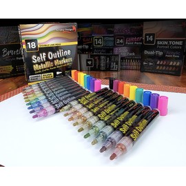 ArtShip Design 18 Gold & Silver Self Outline Metallic Shimmer Paint Pen Combo Pack Extra Large Barrels Permanent Double Line Markers Journal Pens, Scrap Booking, Cards, DIY Crafts, Posters, Cards