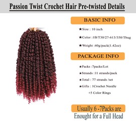 Short Passion Twist Hair 10 Inch Ombre Red Burgundy Pre-twisted Passion Twists Crochet Hair Pre-looped Curly Crochet Hair for Black Women (7Packs,Tbug)