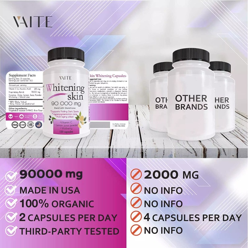 VAITE Glutathione Skin Bleaching Pills 120 Count Antioxidant Dark Spot