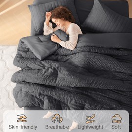 MUXHOMO 7 Pieces King Comforter Set, Seersucker Bed in a Bag King Size, All Season Luxury Bedding Set with Comforter, Flat Sheet, Fitted Sheet, Pillowcases & Shams, Dark Grey